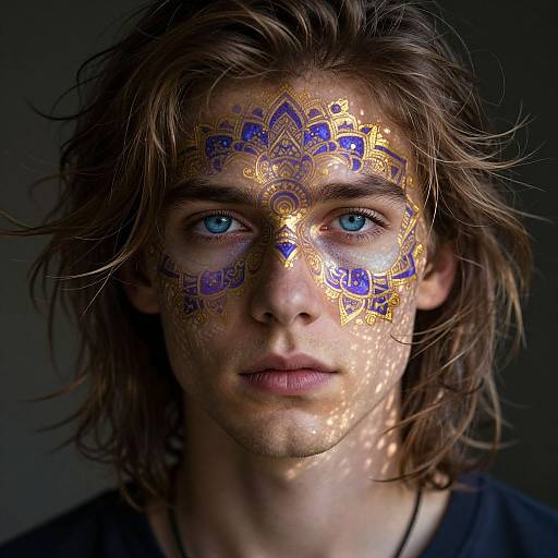 Photograph of a young man with blue eyes, messy brown hair, wearing intricate gold and blue face paint in a mandala pattern. Dark background.