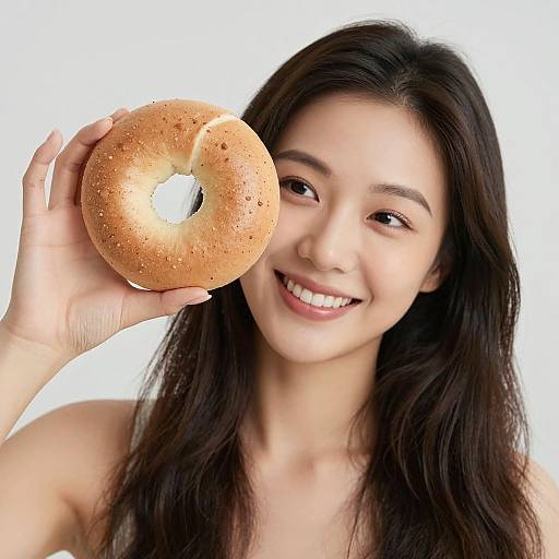 Asian woman with long dark hair, smiling, holding a sesame seed bagel close to her face, white background, photograph.
