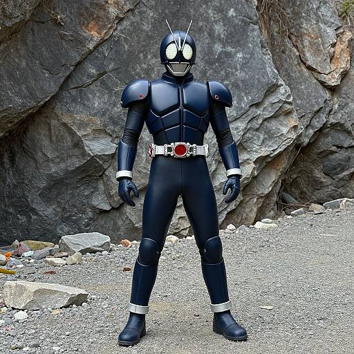 Photograph of a black, humanoid robot with white eyes, standing in front of rocky terrain, wearing a white belt with red orb.