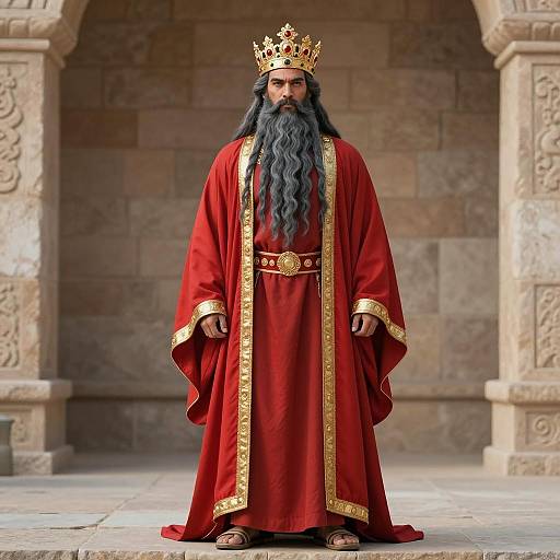 Regal King in Ancient Red and Gold Robes