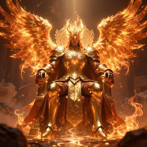 Digital artwork of a fiery, golden-winged armored king with blazing wings, sitting on a throne in a fiery, dark background.