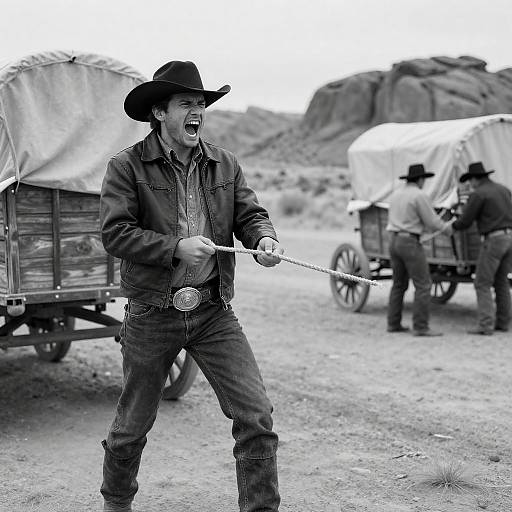 Cowboy Pulling Rope Beside Covered Wagons