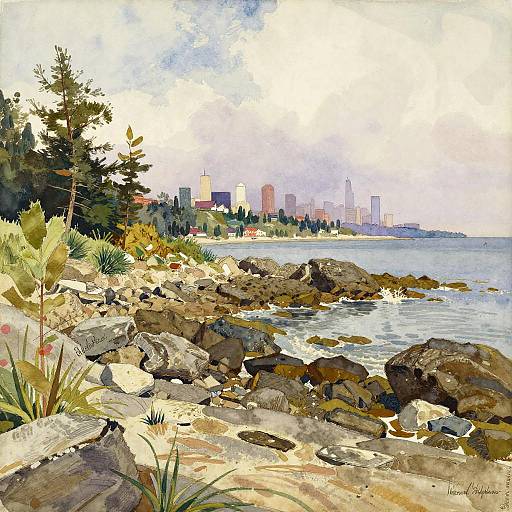 Rocky Coastline with City Skyline in Watercolor