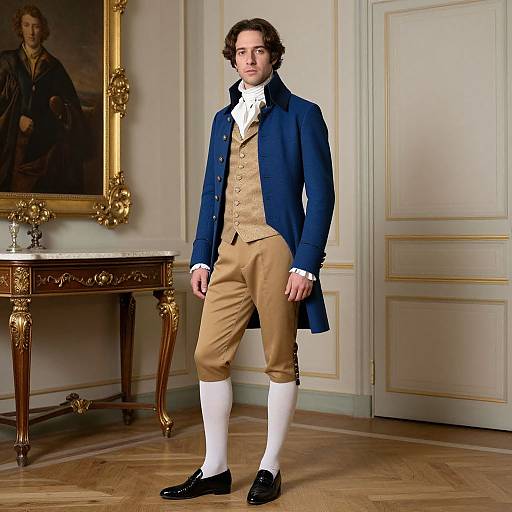 Photograph of a young Caucasian man in 18th-century attire: blue coat, beige waistcoat, tan breeches, white stockings, black shoes