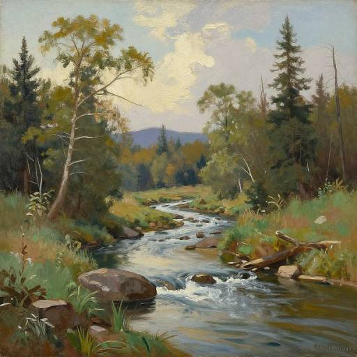 Oil painting of a serene forest stream with clear water flowing over rocks, surrounded by lush greenery and tall trees under a partly cloudy sky.