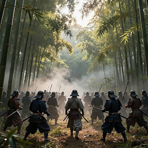 Photograph of a group of soldiers in historical armor and helmets marching through a misty bamboo forest, sunlight filtering through tall trees.