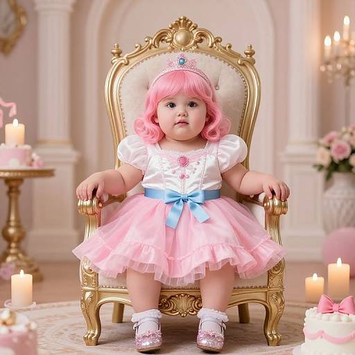 Photograph of a pink-haired doll with blue eyes, wearing a white blouse, pink tulle skirt, blue bow, tiara, and sparkly