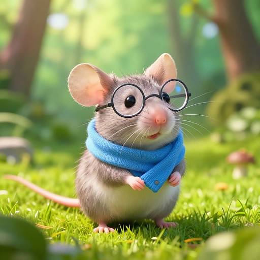 Photorealistic CGI of a cute gray mouse wearing round glasses and a blue scarf, standing on bright green grass in a sunlit forest.