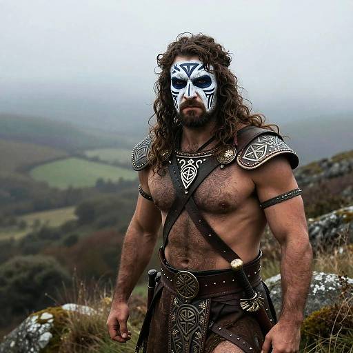 Photograph of a muscular, bearded man with long curly hair, wearing a white face mask, medieval armor, and brown leather loincloth,