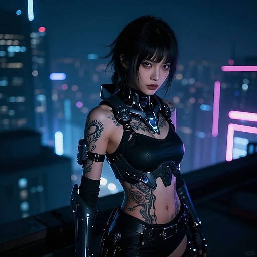 Cyberpunk woman with black hair, tattoos, leather armor, and gloves, standing in a neon-lit cityscape at night. (Digital Art