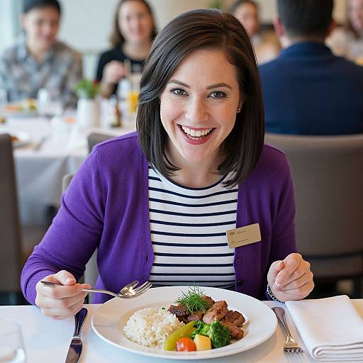 Smiling Woman Enjoying Luncheon Meal