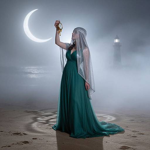 Photograph of a pregnant woman in a green, flowing gown and veil, holding a small clock, standing under a glowing crescent moon, with a