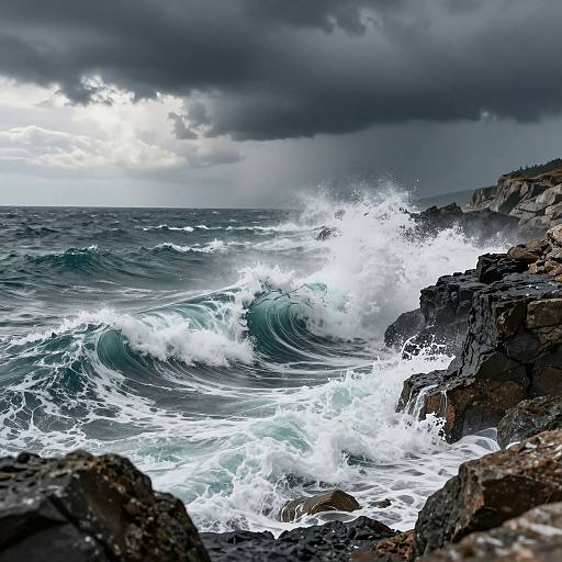 Photograph of turbulent ocean waves crashing against dark, rocky coastline under a dramatic, stormy sky with heavy clouds. White foam contrasts with dark water and