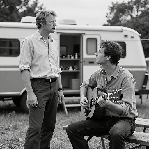 Intimate Outdoor Conversation in Black-and-White