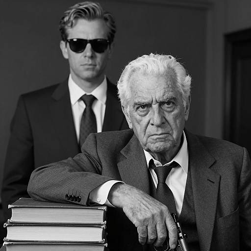 Serious Elderly Man with Gun and Young Man in Suit
