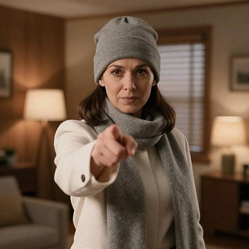 Middle-Aged Woman Pointing in Warm Interior