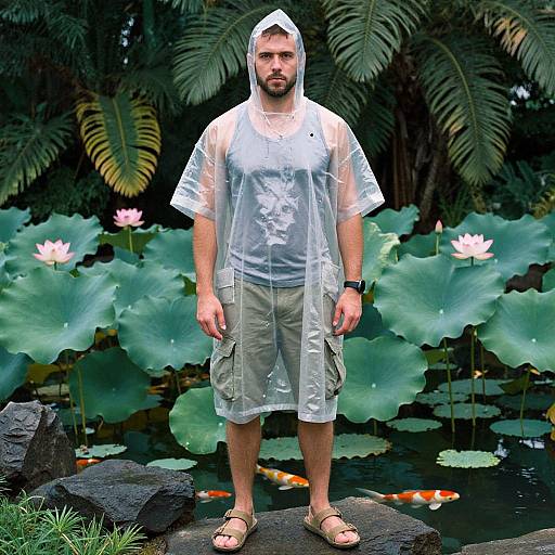 Photograph of a bearded man in a transparent rain poncho, khaki shorts, and sandals, standing on rocks by a lush pond with large