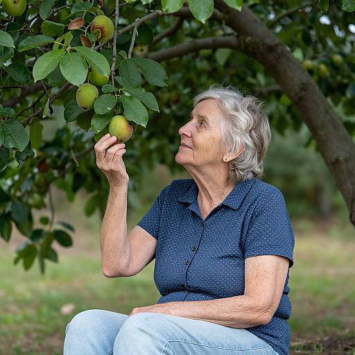 Photograph of an elderly woman with short gray hair, wearing a blue polka-dot shirt and white pants, picking a green apple from a tree in