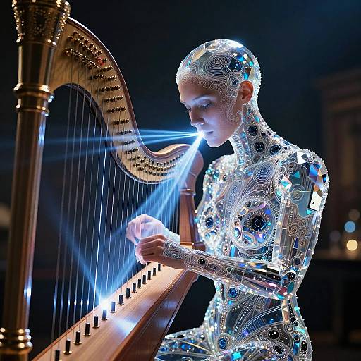 Photograph of a glowing, intricately patterned, humanoid figure playing a harp with blue light accents, set against a dark background.