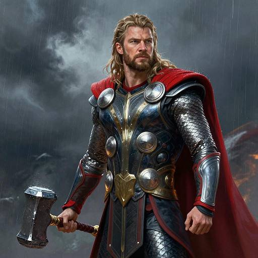 Digital Painting of Thor with Hammer in Rain