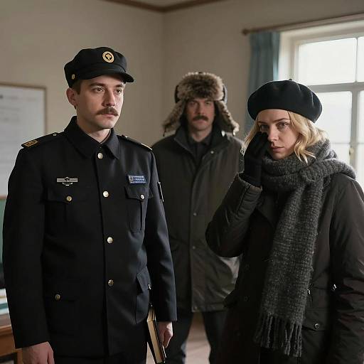 Three People in Winter Clothing Indoors