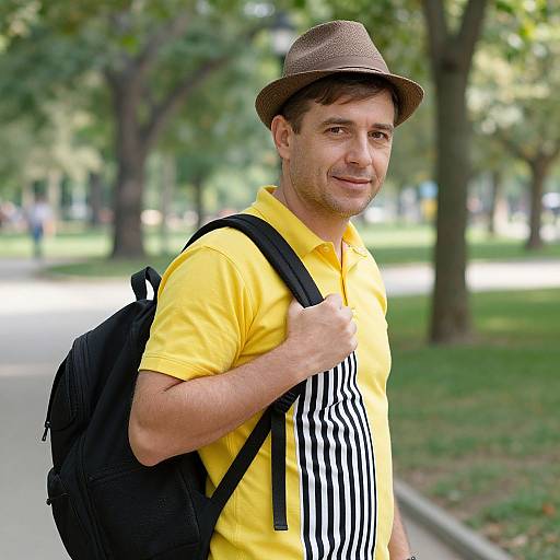 Photograph of a smiling man with short brown hair, wearing a brown hat, yellow polo shirt, black backpack, and striped vest, standing in a