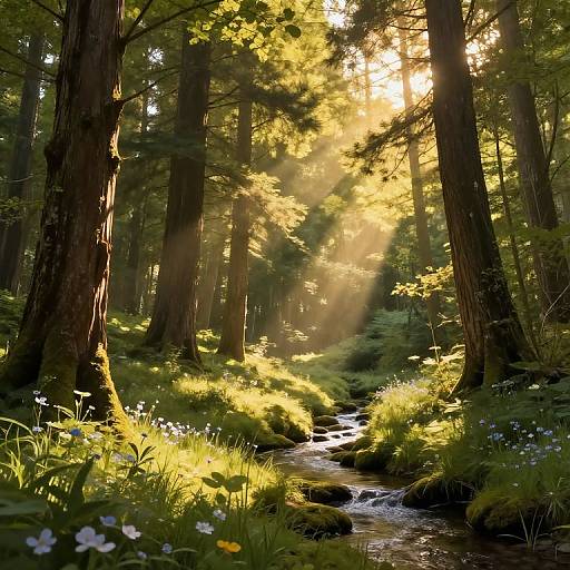 Sunlit Forest Clearing with Stream