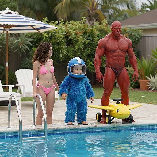Three People at Backyard Pool in Colorful Attire
