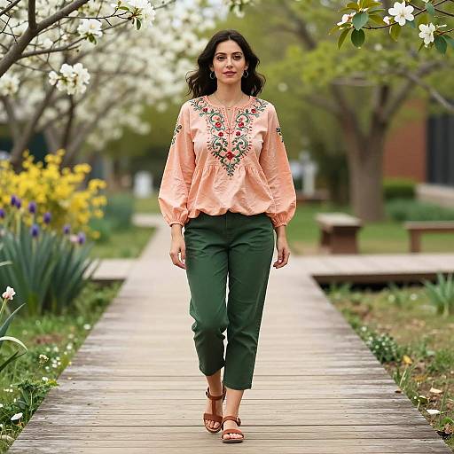 Woman Walking on Wooden Pathway in Spring