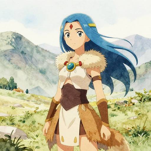 Anime-style digital illustration of a blue-haired girl with a red gem on her forehead, wearing a fur-trimmed white and brown outfit, standing in