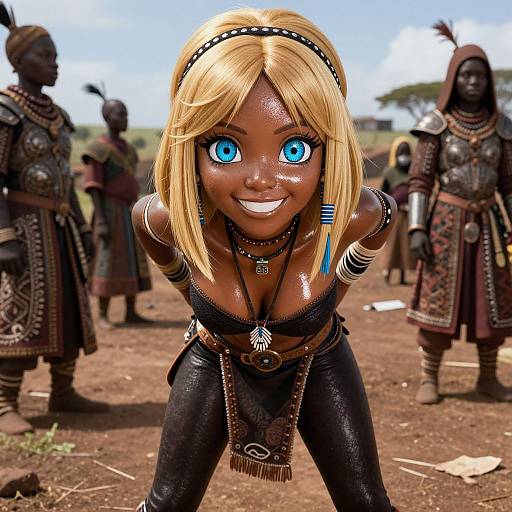 Digital art of a smiling, dark-skinned woman with bright blue eyes, blonde hair, and black leather outfit, surrounded by African tribal warriors in a