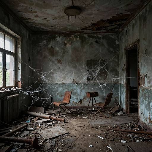 Photograph of a dark, abandoned, dilapidated room with peeling blue-gray walls, broken wooden chairs, a large spider web, debris on