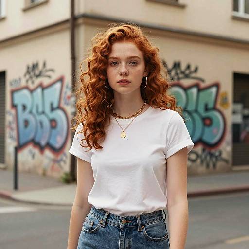 Photograph of a young, white woman with long red curly hair, wearing a white t-shirt and high-waisted blue jeans, standing in front