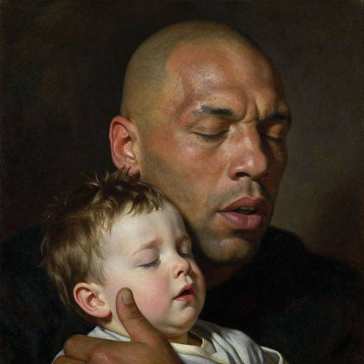 Photograph of a bald, dark-skinned man with closed eyes, gently holding a sleeping, fair-skinned baby, both illuminated against a dark background