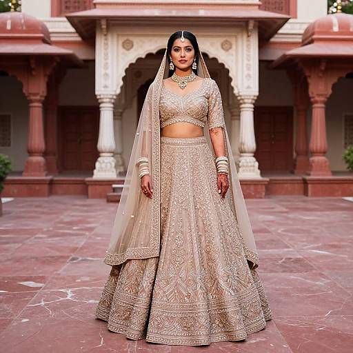 Photograph of an Indian bride in an ornate, beige traditional lehenga with gold embroidery, standing in front of a red and white architectural structure.