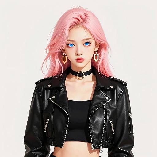 Confident Young Woman with Pink Hair and Leather Jacket
