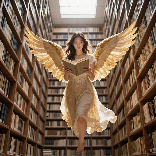 Photograph-style digital art: Angelic Asian woman with glowing golden wings, flowing beige dress, reads book in illuminated, towering library aisle.