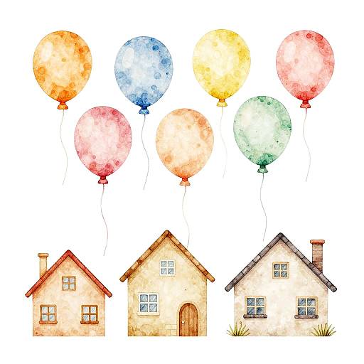 Bright Balloons Over Pastel Houses