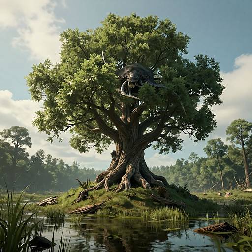 Digital artwork of a towering, ancient tree with a large nest and long, curved beak perched on its branches, standing by a calm, reflective