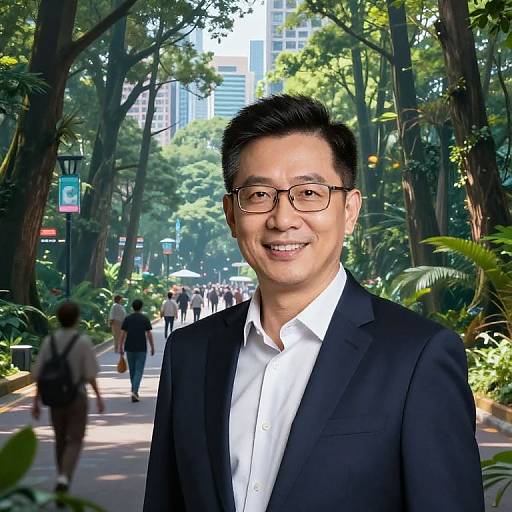 Photograph of smiling Asian man in black suit and white shirt, standing in lush, tree-lined urban parkway with people walking.