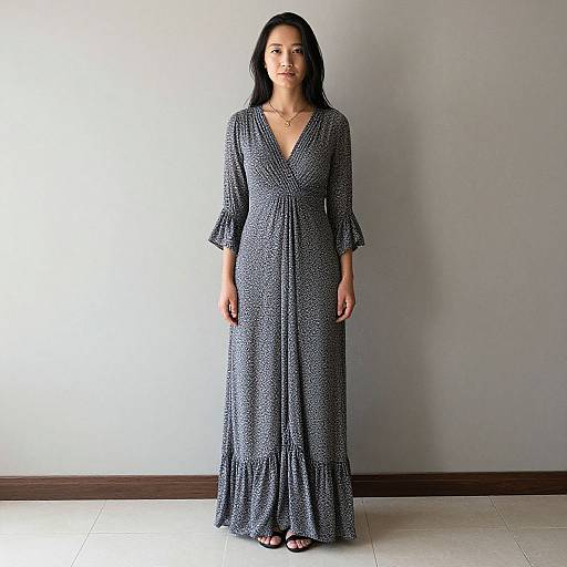 Photograph of a young woman with long black hair, wearing a blue and white patterned V-neck maxi dress, standing against a plain gray wall.