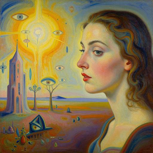 Surrealist painting of a contemplative woman with curly brown hair, red lips, and fair skin, facing a radiant sun with eyes, church,