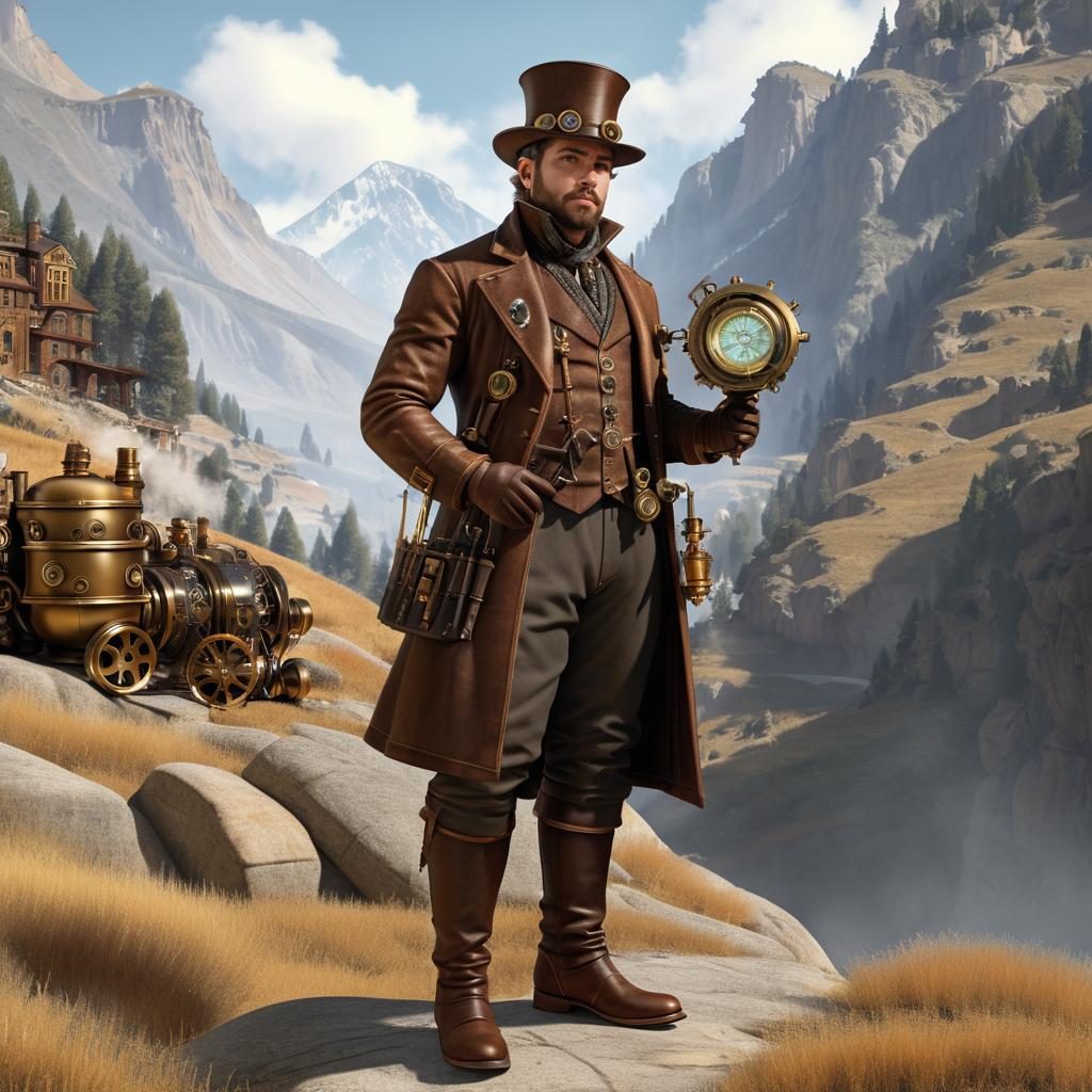 Steampunk Inventor in Majestic Mountains