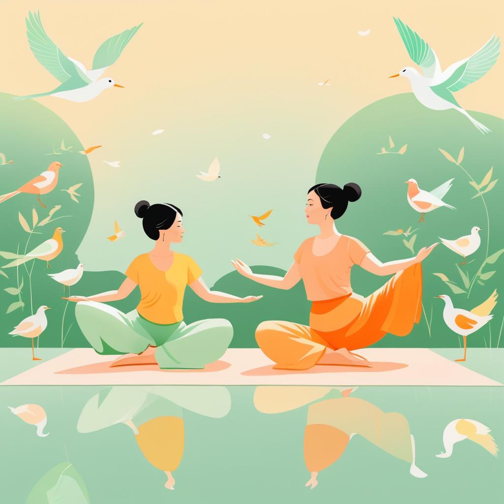 Vibrant Cartoon Yoga Scene in Gouache