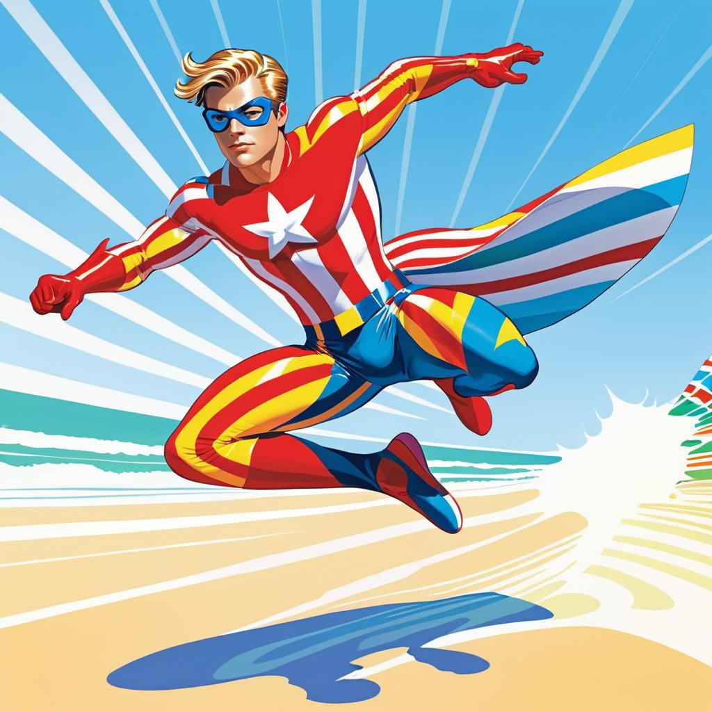 Playful Superhero Soaring Over Beach