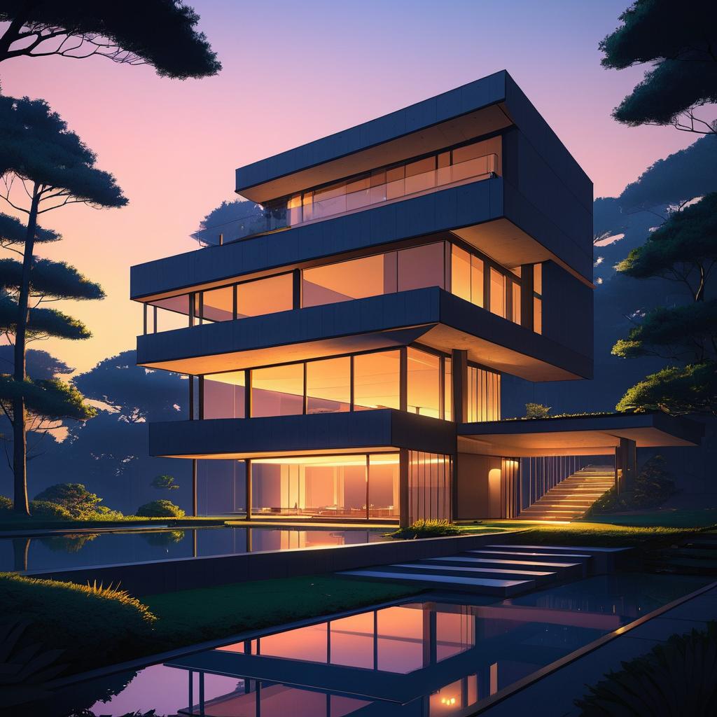 Luxurious Brutalist House at Sunset