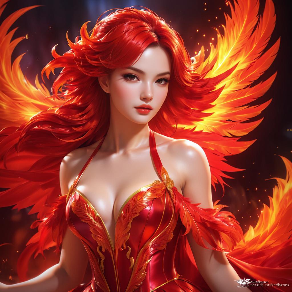 Vibrant Phoenix Woman in Fiery Gown