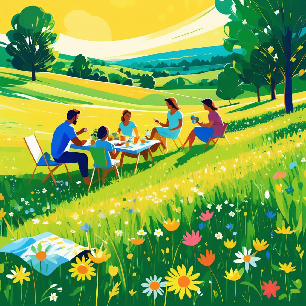 Summer Meadow Family Picnic Illustration