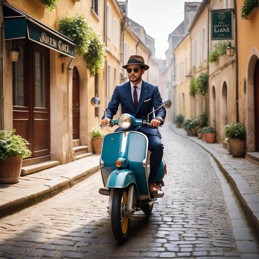 Classically Dressed Rider on Moped