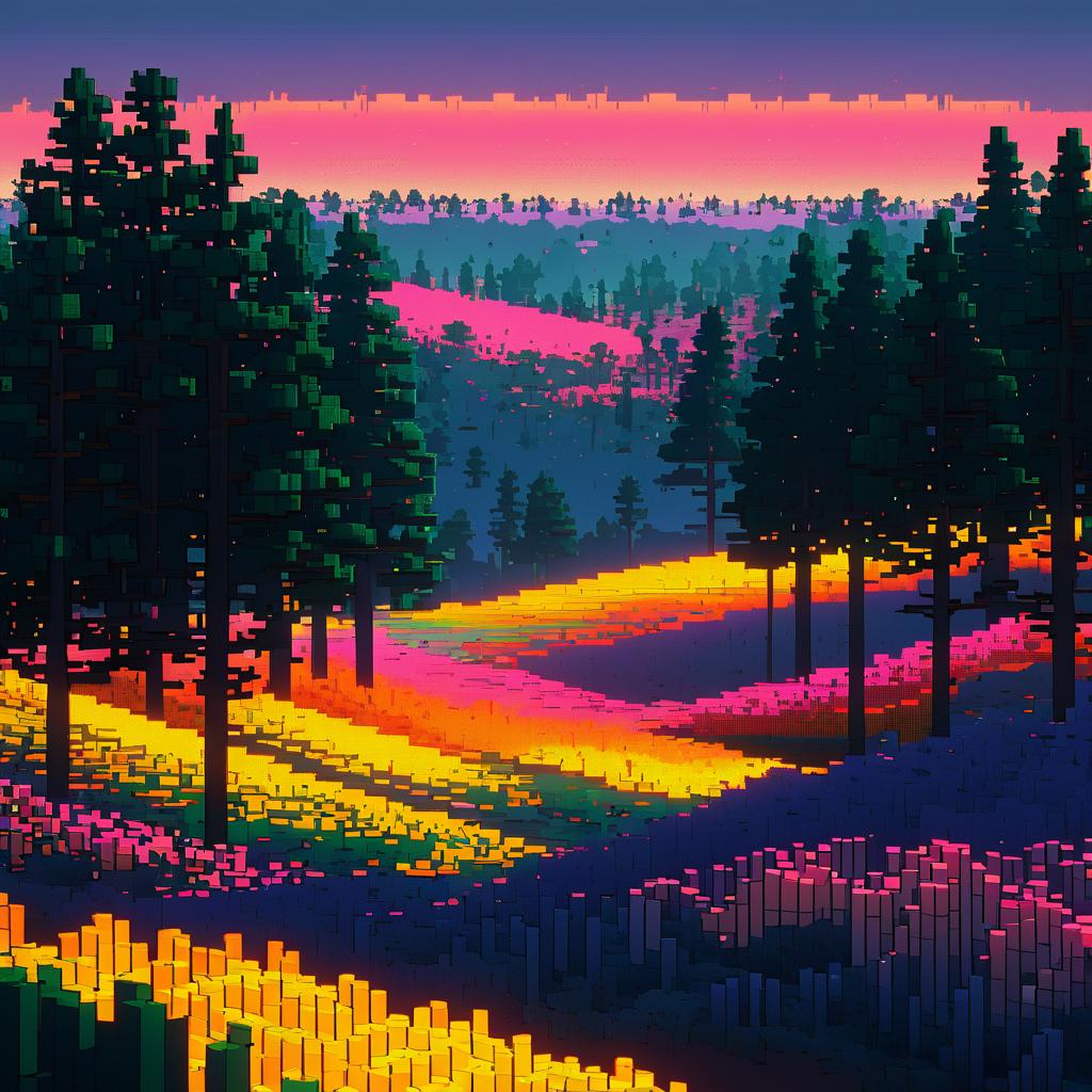 Futuristic Dawn Over Pixelated Heathland